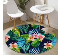 Green Easy to Clean Round Area Rugs, Watercolor Tropical Floral Illustration Print Theme Carpet, Low-Pile Home Decoration Carpet with Non-Slip Backing for Living Room Bedroom Bedside Kids Rug, 180 cm