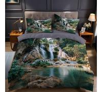 Green Emperor Size Duvet Set Waterfall in the forest Microfiber Quilt Cover Soft Breathable Wrinkle Resistant Bedding Set 290x235 cm with Hidden Zipper for Bedroom Decor