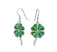 Green Enamel Shamrock Lucky Four Leaf Clover Irish Celtic Dangling Earrings For Women Teens .925 Sterling Silver Fish Wire