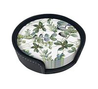 Green Eucalyptus Leaves Coasters For Drinks, 6 Pcs Leather Coaster With Holder, Round Cup Mat Pad Set For Home Office Table Decoration