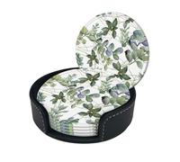 Green Eucalyptus Leaves Print Chic Round Leather Coasters â€“ Set Of 6 Full-Print Coasters In A Premium Pu Leather Storage Box