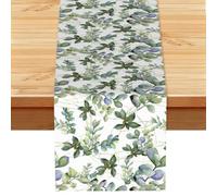 Green Eucalyptus Leaves Print Decorative Linen Table Runner for Everyday Dining Wedding Party Holiday Home Decor