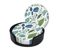 Green Eucalyptus Leaves Print Premium Pu Leather Coasters Stylish And Durable Drink Coasters For Home, Office, And Kitchen Set Of 6 With Elegant Storage Box