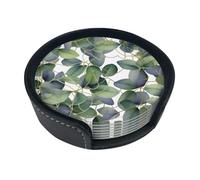 Green Eucalyptus Leaves Round Leather Coasters (6 Pieces) - Drink Coaster Set For Desk, Modern Easy To Clean Home Office & Farmhouse Coasters