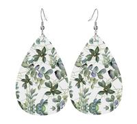 Green Eucalyptus Leaves Teardrop Earrings for Women, Double-Side Printed Drop Leather Earring, Lightweight Dangle Earrings