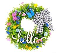 Green Eucalyptus Wreath 46cm with Hello Plaque Artificial Flower Garland for Front Door Wall Porch Spring Summer Decor