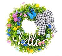 Green Eucalyptus Wreath Featuring Hello Welcome Sign, 46cm Artificial Spring Front Door Decor, Weather Resistant Indoor Outdoor Wall Hanging