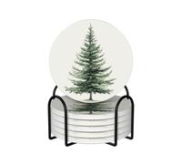 Green Evergreen Tree Watercolor Ceramic Coasters with Holder Set of 6 Coffee Cup Drink Coasters