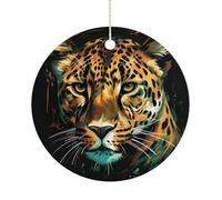 Green Eyed Leopard Painting Double-Sided Ceramic Christmas Ornaments - Round Hanging Mini Xmas Tree Decorations, Ideas for Farmers, Rustic Home Decor for Indoor Outdoor Tree Decor