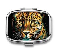 Green Eyed Leopard Painting Pill Box - 2 Compartment Travel Pill Organizer with Small Mirror, Portable Pillcase for Pocket & Purse, Cute Square Medicine Case, Weekly Medicine Container