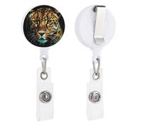 Green Eyed Leopard Painting Retractable Badge Reel - Personalized ID Name Badge Holder with Lanyard Cute Badges Reel Holder Round Nurse Doctor Name Tag Badges Clip for Work
