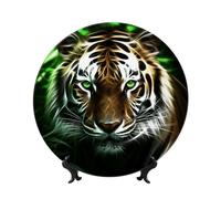 Green-Eyed Tiger Ceramic Decorative Plates Bone China Decorative Plate With Display Stand Handmade Ceramic Ornament Personality Porcelain Dinner Plate Crafts For Home Office Wall Decoration 25cm