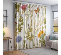 Green Eyelet Curtains for Bedroom, Vintage Wildflowers Plants Print Thermal Insulated Window Drapes - 65 inch Long Drop Blackout Curtains 2 Panels for Nursery Living Room W 29.5" x L 65"