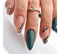 Green False Nails Medium Almond Press on Nails with Leaf Gold Line Designs Fake Nails Press ons Glossy Full Cover Glue on Nails Spring Acrylic Nails Artificial Stick on Nails for Women Manicure 24 Pcs