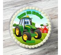 Green Farm Tractor Children's Personalised 7.5" Round Edible Icing Cake Topper