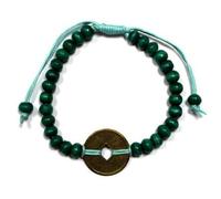 Green Feng Shui Luck Bracelets With Coins & Wood Beads For Prosperity