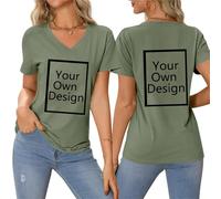 Green Find A Gift Personalised T-Shirts for Women Summer Tops with Custom Front & Back Print Create Your Own Text & Image T-Shirt V Neck Blouse Customised Pullover Jumper