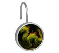 Green Fire Dragon Round Crystal Glass Decorative Shower Curtain Hooks with 3D Pattern Visual, Rust Proof Shower Curtain Rings-12 Pack