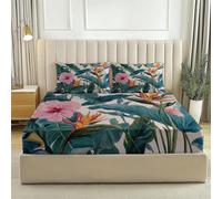 Green Fitted Sheet Bedding Set, Coastal Tropical Vegetation Print for Serene Bedroom, Breathable Microfibre, Cooling for Hot Sleepers, Double (53" x 75"), 30cm Deep Fit + 2 Pillowcases