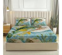 Green Fitted Sheet Bedding Set, Coastal Vibrant Leaping Fish Print for Serene Bedroom, Breathable Microfibre, Cooling for Hot Sleepers, Double (53" x 75"), 30cm Deep Fit + 2 Pillowcases