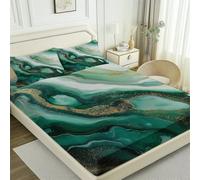 Green Fitted Sheet Bedding Set, Mid-century Mineral Texture Print for Serene Bedroom, Breathable Microfibre, Cooling for Hot Sleepers, Double (53" x 75"), 30cm Deep Fit + 2 Pillowcases