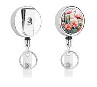Green Flamingo Rose Flowers Badge Holder with Retractable Reel, Stainless Steel Badge Clip, Heavy Duty ID Card Holder for Work, Nurse, Teacher & Security