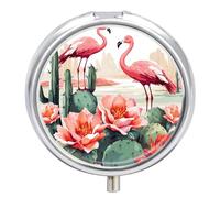 Green Flamingo Rose Flowers Pill Box for Pocket Round Pill Box 3 Compartment Decorative Portable Travel Pill Holder Tablet Vitamin Organizer Mini Pill Case