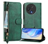 (Green) Flip Case for Tcl 60r Zipper Card Holder Pu Leather Magnetic