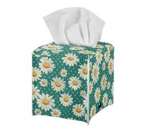 Green Floral Daisy Tissue Holder Living Room Office Home Decorative Tissue Box Cover Square Fancy Aesthetic PU Leather Tissue Cube Cover for Desk Tabletop Nightstand