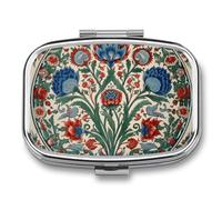Green Floral Design Pill Organizer Metal Pill Box - 2 Compartments, Sleek & Portable Medicine Case for Travel, Daily Use