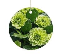 Green Floral Double-Sided Ceramic Christmas Ornaments - Round Hanging Mini Xmas Tree Decorations, Ideas for Farmers, Rustic Home Decor for Indoor Outdoor Tree Decor