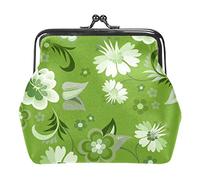 Green Floral Flowers Pattern Women’s PU Leather Coin Wallets Girls Mini Buckle Coin Purse Pouch