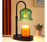 Green Floral Glass Shade Candle Warmer Lamp with Timer 2h4h6h8h Flameless Height Adjustable for Any Candle Dimmer Brightness Control Melts Wax Faster When Brighter Ideal with 2 Bulbs