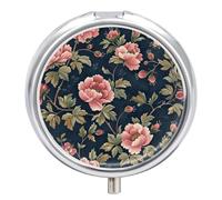 Green Floral Pattern Pill Box - 3 Compartment, Round Metal Pill Case with Mirror, Portable Medicine Holder for Purse/Wallet/Travel
