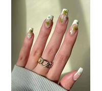 Green Floral Print Press On Nails for Spring Summer - Medium Square Fake Nails Short Easy to Apply Removable Reusable False Kit Natural Garden Aesthetic Manicure with White Daisy Clover Design