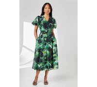 Green Floral Printed Seam Detail Puff Sleeve Midi Dress Principles Green 12
