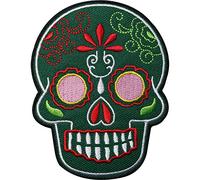 Green Floral Tattoo Sugar Skull Embroidered Iron/Sew On Clothes Patch Badge Transfer