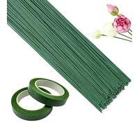 Green Florist Wire 30cm 50Pcs with 2 Rolls Floral Tape for Bouquet Crafts | Rustproof bendable iron stems, coated dark olive, 11.8-inch length with binding rolls for wreath making
