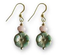 Green Flower Beaded Dangle Earrings Czech Glass and Pink Opal Beads Green Boho Vintage Style Jewelry for Women