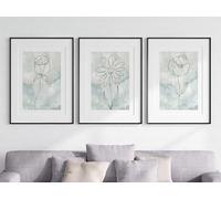 Green Flower Botanical Line Art Set of 3 Unframed Prints, Minimalist Abstract Wall Art Decor, Rose Sunflower Poppy Flowers, Green Acrylic Texture, Living Room Lounge Bedroom Poster Home Decor (A3)
