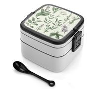 Green Flower Herb Sage Leaves And Branches Bento Box with Spoon & Handle - 2 Compartment Leak-Proof Stackable Lunch Box for Adults, BPA-Free Reusable Food Containers for Work, Travel, Picnic