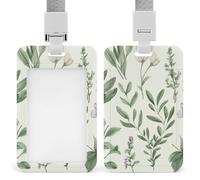Green Flower Herb Sage Leaves And Branches ID Badge Holder with Lanyard - Hard Plastic ID Card Holder Waterproof Name Tag Holders, Heavy Duty Badge Reel Vertical Card Protector for Office Nurse Teache