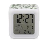 Green Flower Herb Sage Leaves And Branches Night Light Alarm Clock LED Display Alarms for Bedroom Smart Digital Alarm Clock Wtih 7 Colorful Ambient Lights Sleep Timer for Heavy Sleepers Simple Operati