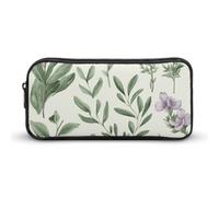 Green Flower Herb Sage Leaves And Branches Pencil Case Large Capacity, Durable Pencil Pouch Portable Small Cosmetic Bag with Metal Zipper, Simple Makeup Pouch Aesthetic Toiletry Bag for Travel Office