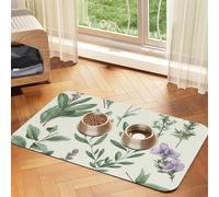 Green Flower Herb Sage Leaves and Branches Pet Feeding Mat Absorbent Pu Leather Dog Cat Food Mats Contain Spills Protects Floors, Anti-Slip Dog Bowl Mats Easy Clean Pet Placemats 30x45cm