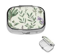Green Flower Herb Sage Leaves and Branches Pill Box 2 Compartment Pill Case for Purse & Pocket Cute Pill Organizer with Mirror Portable Travel Pillbox Metal Square Medicine Organizer Unique Gift