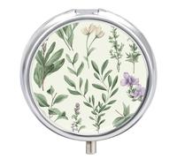 Green Flower Herb Sage Leaves and Branches Pill Box Small Round Pill Case Portable Travel Pill Container Multi-Functional Moisture Proof Metal Medicine Pill Organizer Box for Vitamins Fish Oil