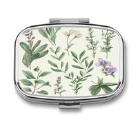 Green Flower Herb Sage Leaves and Branches Pill Organizer with 2 Compartments Metal Square Pill Case Small Pill Box Portable Medicine Box Slim Travel Pill Container Medicine Organizer for Daily Use