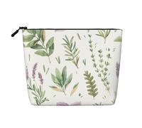 Green Flower Herb Sage Leaves and Branches Printed Single-Layer Cosmetic Bag Faux Linen Material Large Capacity Coin Purse Travel and Business Trip Essential
