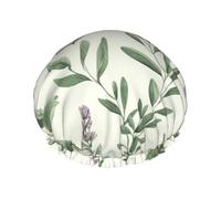 Green Flower Herb Sage Leaves And Branches Shower Cap For Women Reusable Double Layers Bathing Bath Cap Hair Caps Waterproof Elastic Band Ladies Spa Salon Shower Hat Hair Caps